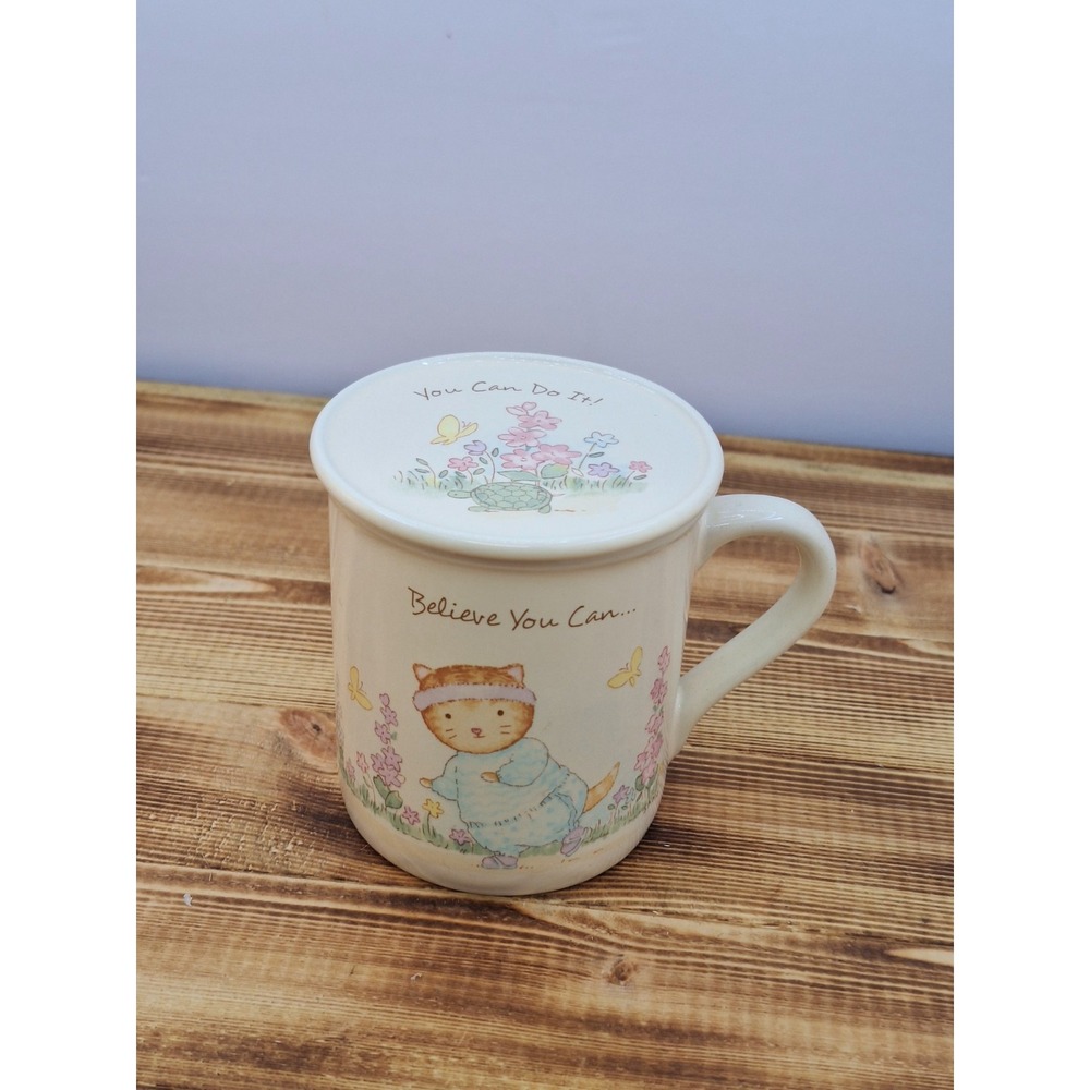 Believe You‎ Can Weight Loss Workout Cat 1987 Hallmark Coffee Mug With Lid Set